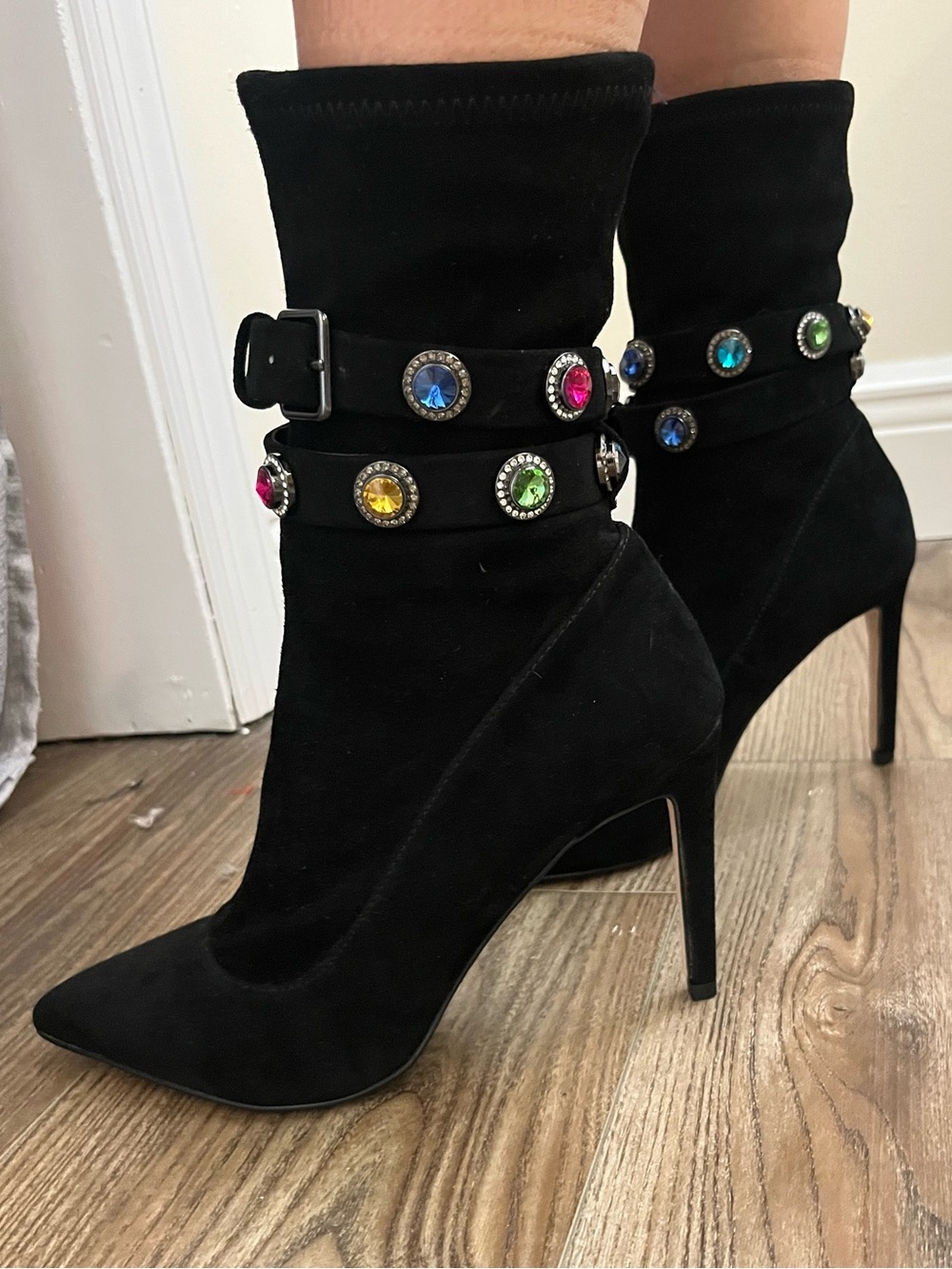 Kurt Geiger Sofia Black Boots Suede Stiletto Ankle Boots with Gem Straps